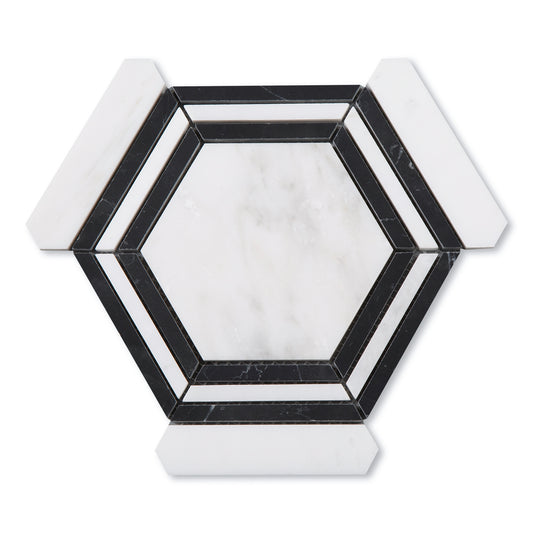 Casablanca Carrara & Nero Marquina Large Hex Mosaic Marble Tile | Honed-Main Inventory-All Products,Natural Stone-Riad Tile