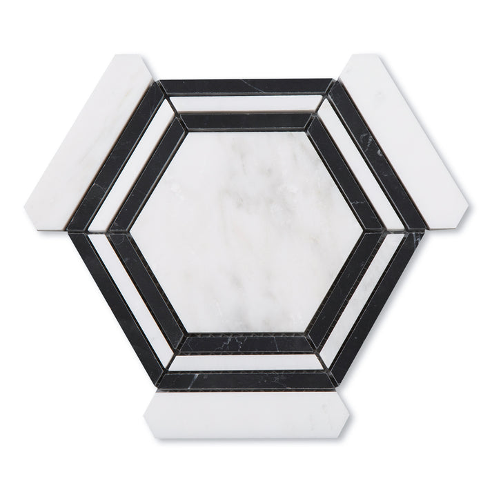 Casablanca Carrara & Nero Marquina Large Hex Mosaic Marble Tile | Honed-Main Inventory-All Products,Natural Stone-Riad Tile