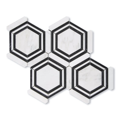 Casablanca Carrara & Nero Marquina Large Hex Mosaic Marble Tile | Honed-Main Inventory-All Products,Natural Stone-Riad Tile