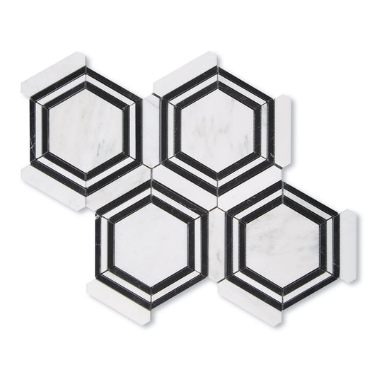 Casablanca Carrara & Nero Marquina Large Hex Mosaic Marble Tile | Honed-Main Inventory-All Products,Natural Stone-Riad Tile