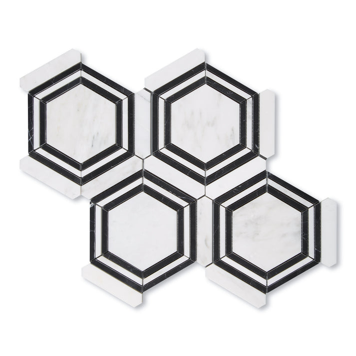 Casablanca Carrara & Nero Marquina Large Hex Mosaic Marble Tile | Honed-Main Inventory-All Products,Natural Stone-Riad Tile