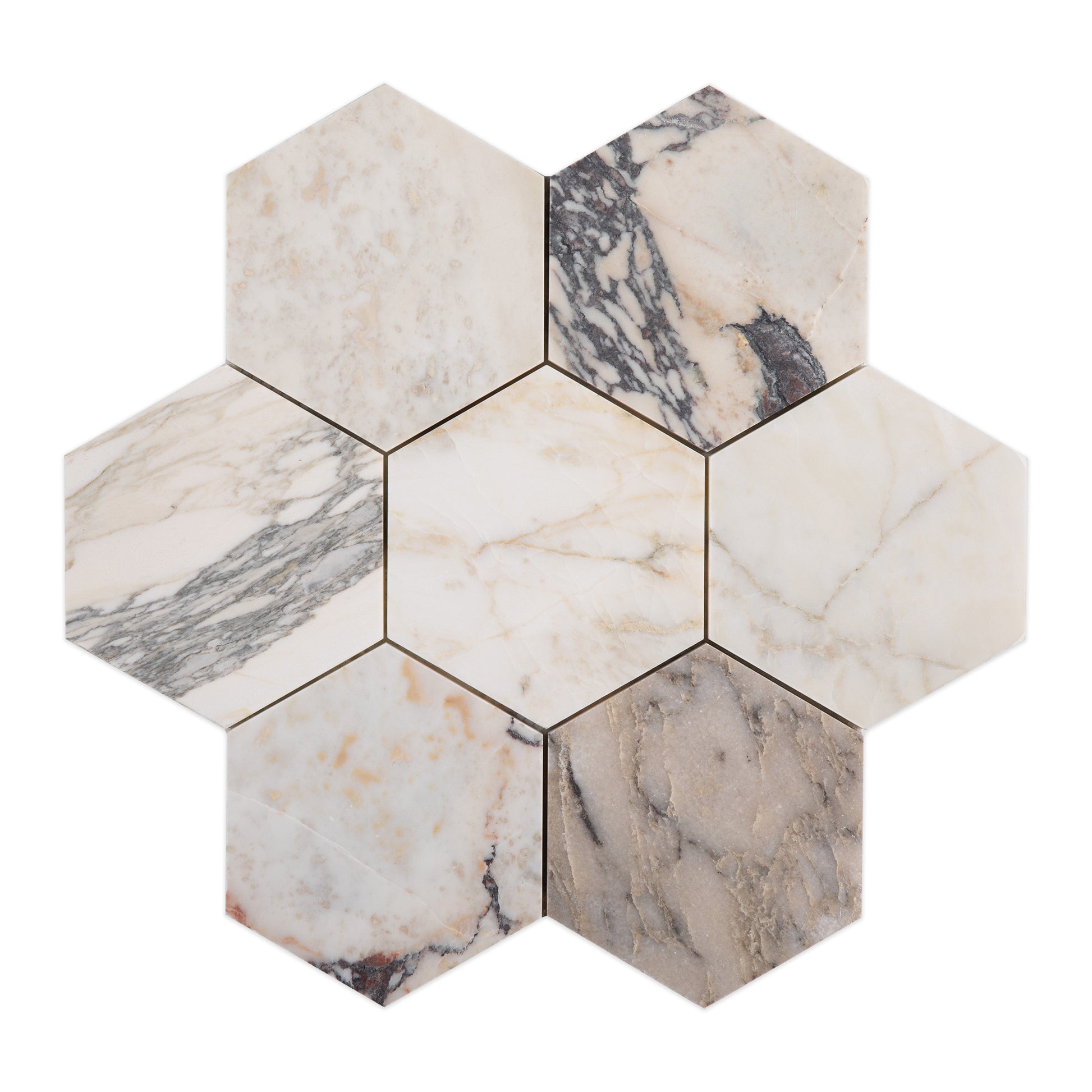 Sample: Calacatta Gold 5 Inch Hexagon Mosaic Marble Tile | Honed-Sample-Sample-Riad Tile