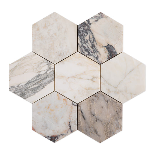 Sample: Calacatta Gold 5 Inch Hexagon Mosaic Marble Tile | Honed-Sample-Sample-Riad Tile