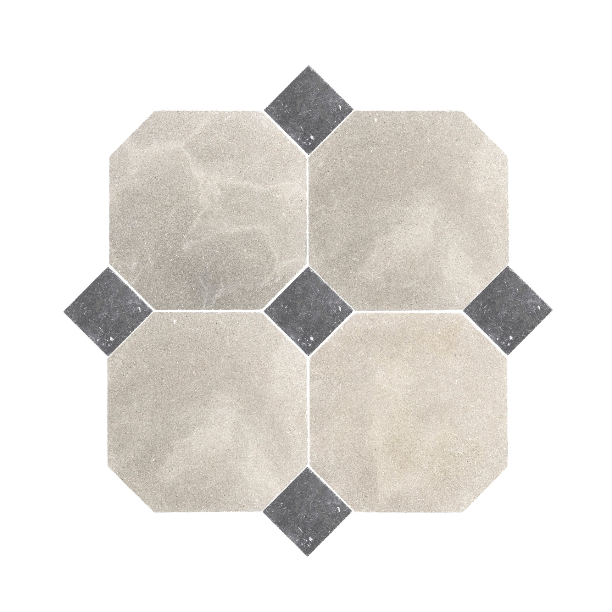 Octagon Azru Grey 12x12 & Cinder 4x4 Tumbled & Honed Moroccan Limestone - Checkerboard Bundle-Main Inventory-All Products,Checkerboard,Natural Stone,Octagon-Riad Tile
