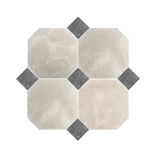 Octagon Azru Grey 12x12 & Cinder 4x4 Tumbled & Honed Moroccan Limestone - Checkerboard Bundle-Main Inventory-All Products,Checkerboard,Natural Stone,Octagon-Riad Tile