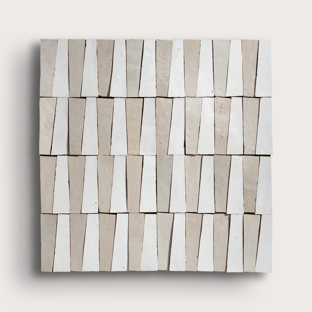 Bright White & Natural White 1x4 Trapezoid Mosaic Zellige Tile Bright White & Natural White 1x4 Trapezoid Mosaic Zellige Tile