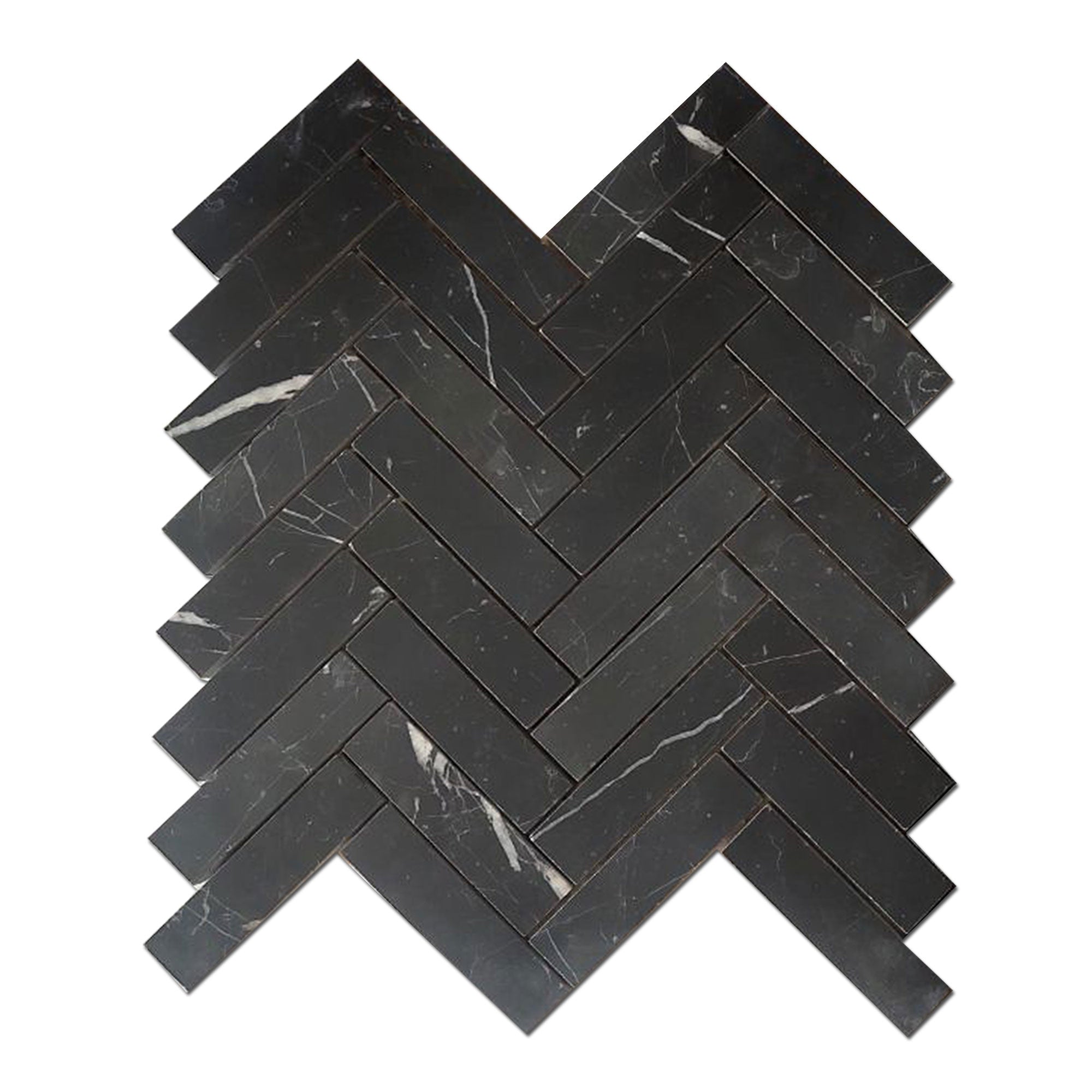 Nero Marquina 1x4 Herringbone Mosaic Marble Tile | Honed