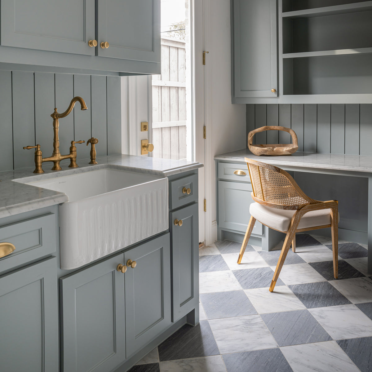 bardiglio grey & casablanca carrara marble flooring in checkerboard pattern in laundry room
