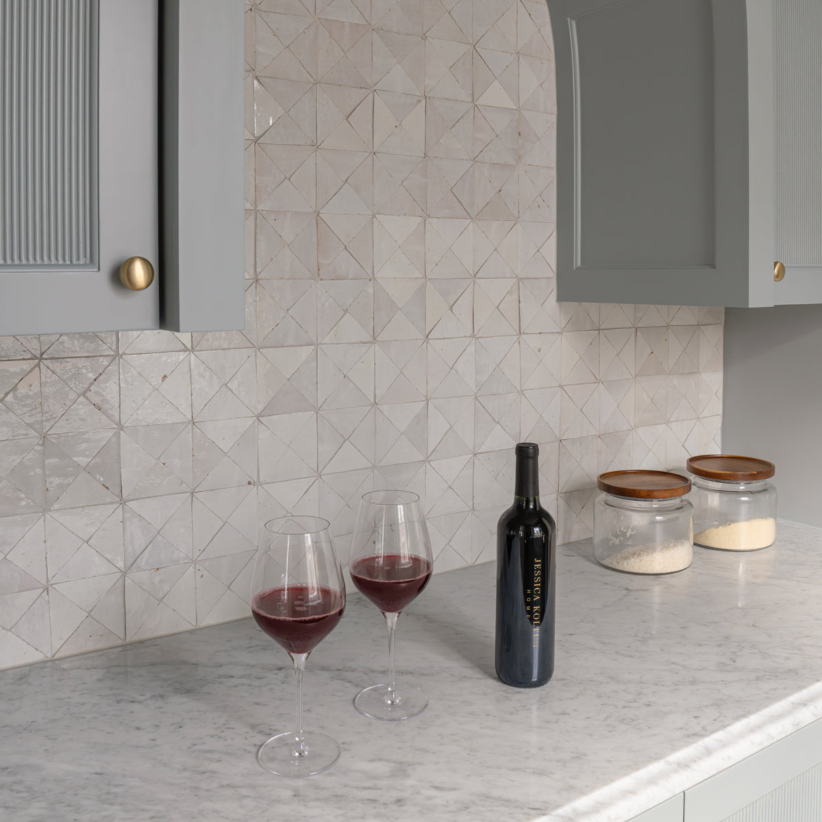 triangle zellige tile installed as backsplash in kitchen