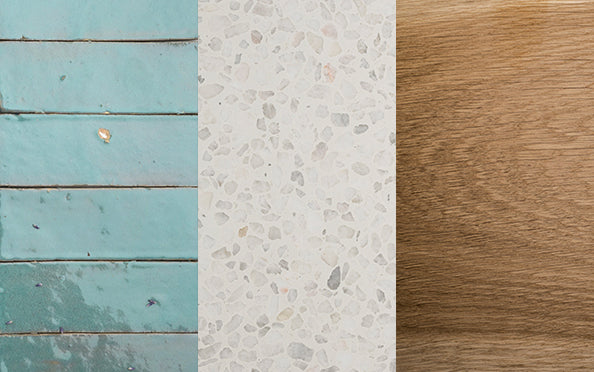 zellige tile, terrazzo tile, and wood swatches