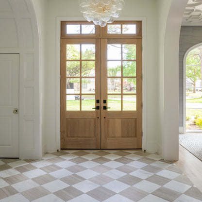 beige limestone and white marble in checkerboard pattern as flooring in entryway
