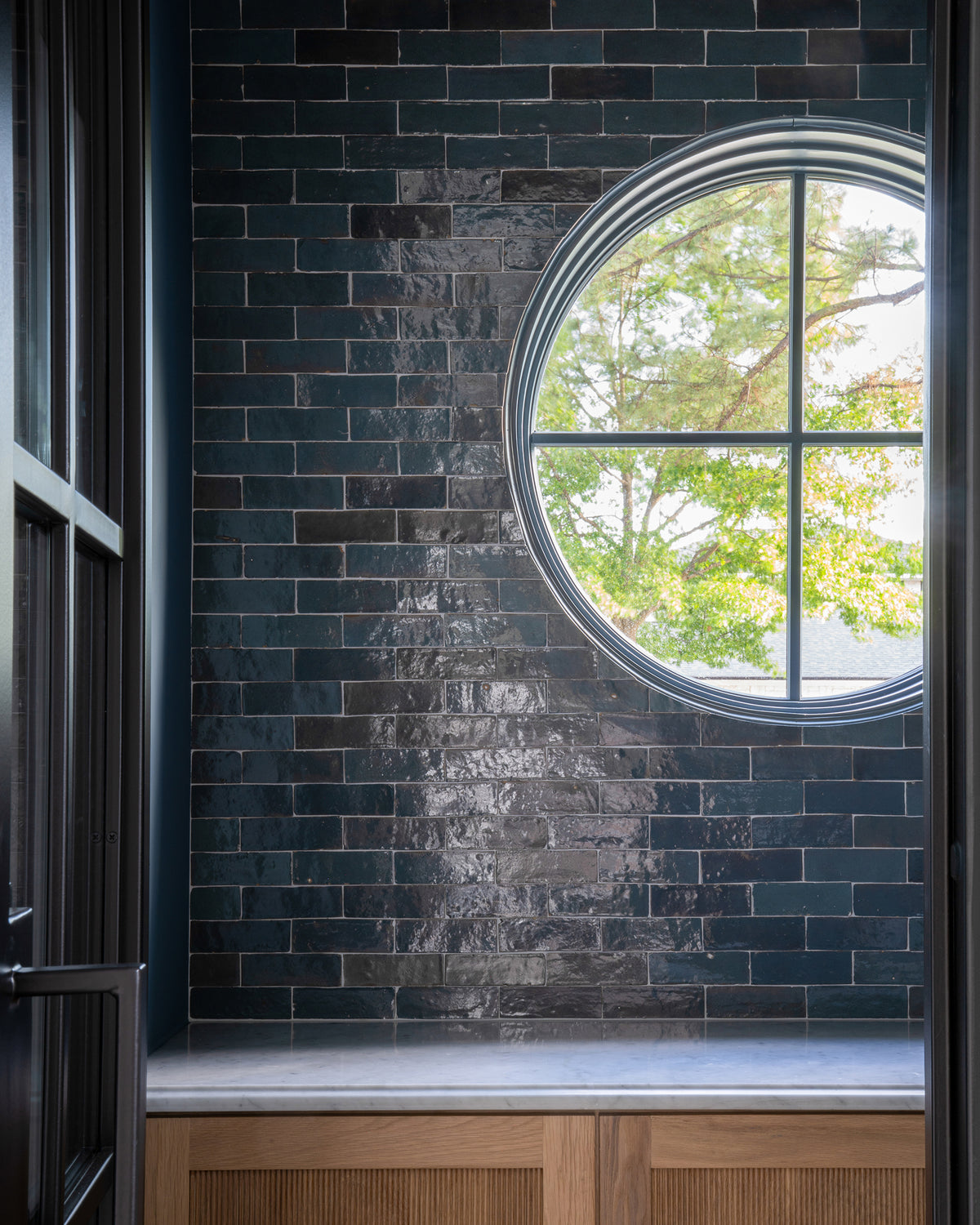blue rectangle zellige tile installed on wall