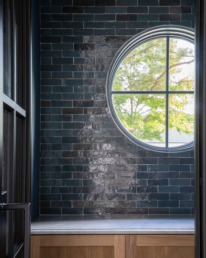 blue rectangle zellige tile installed on wall