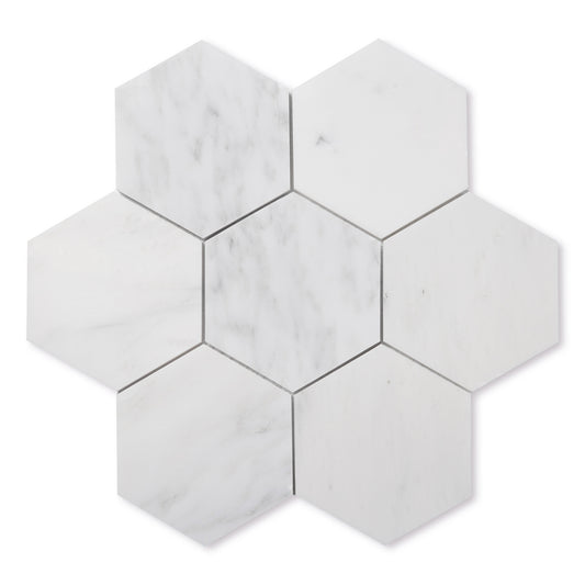 Sample: Casablanca Carrara 5 Inch Hexagon Mosaic Marble Tile | Honed-Sample-Sample-Riad Tile