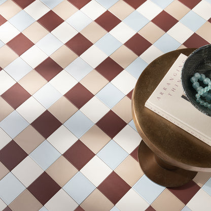 ceramic checkerboard floor tile pattern with white, blue, and red tiles