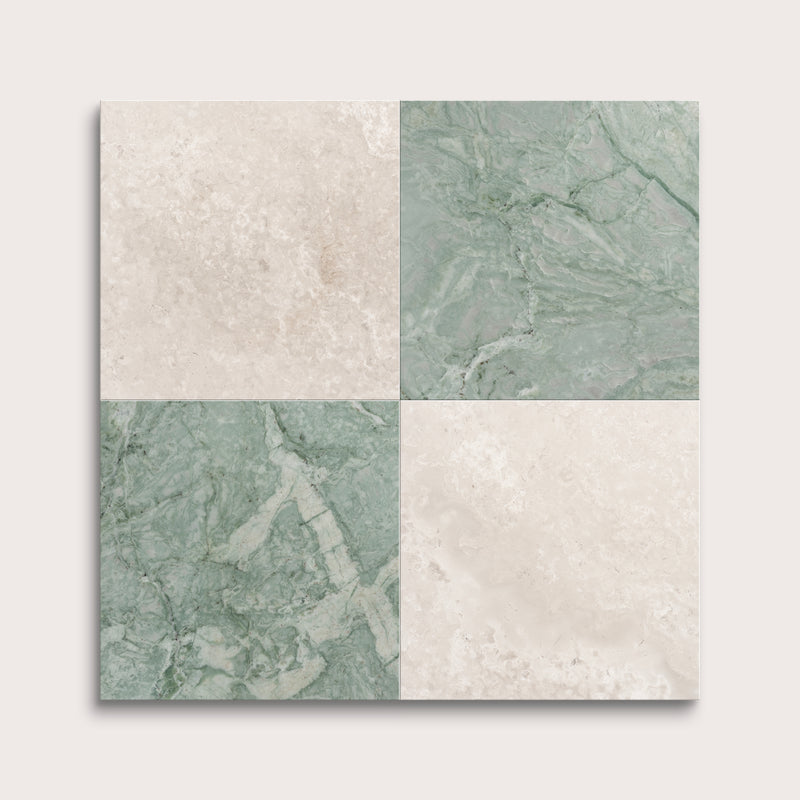 Four square tiles with different marble-like textures on a light gray background