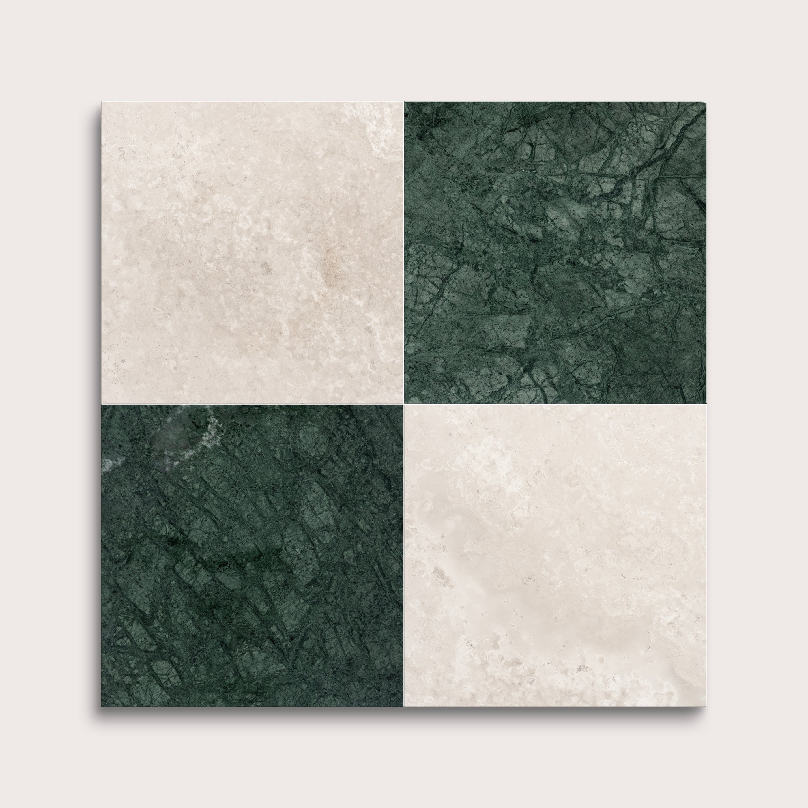 marble and limestone square tiles in a checkerboard pattern on light grey background