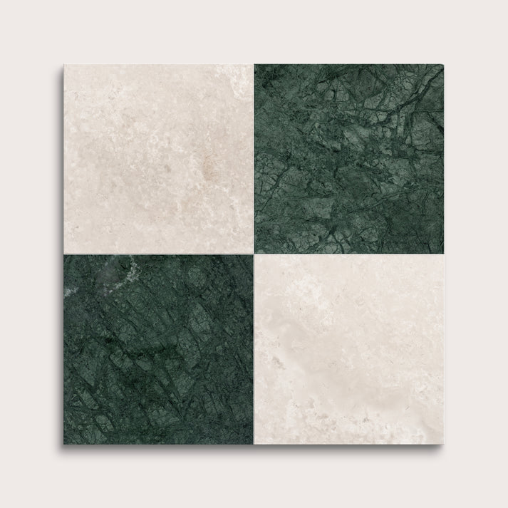 marble and limestone square tiles in a checkerboard pattern on light grey background