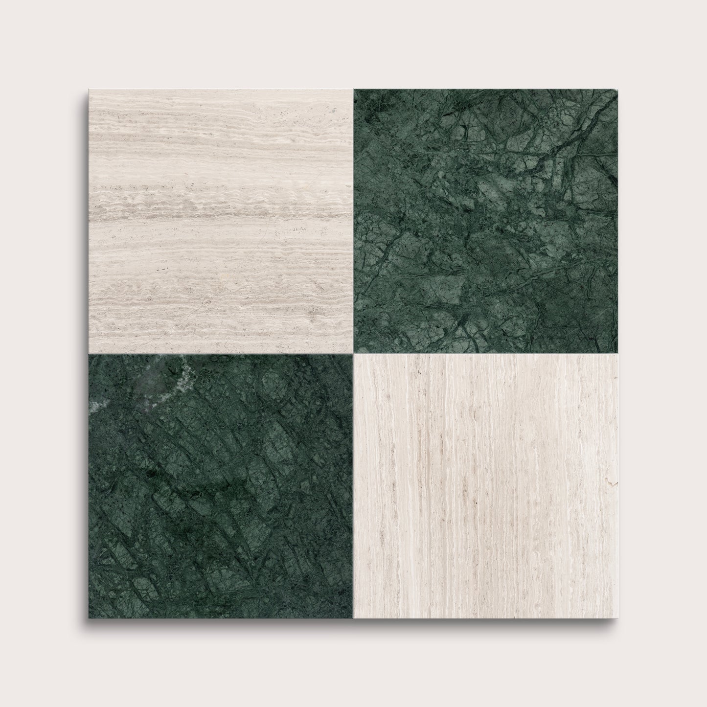 marble and limestone square tiles in checkerboard pattern on light grey background