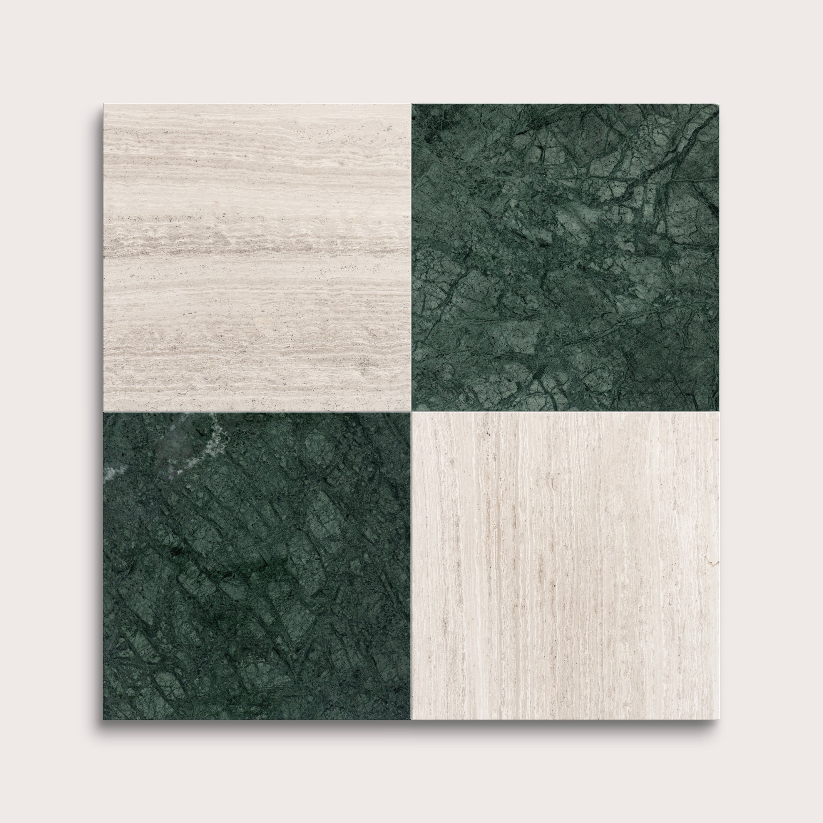marble and limestone square tiles in checkerboard pattern on light grey background