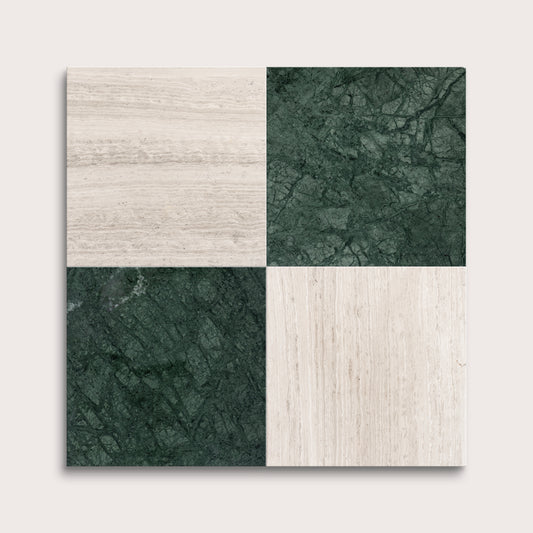 marble and limestone square tiles in checkerboard pattern on light grey background
