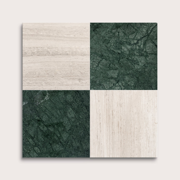 marble and limestone square tiles in checkerboard pattern on light grey background