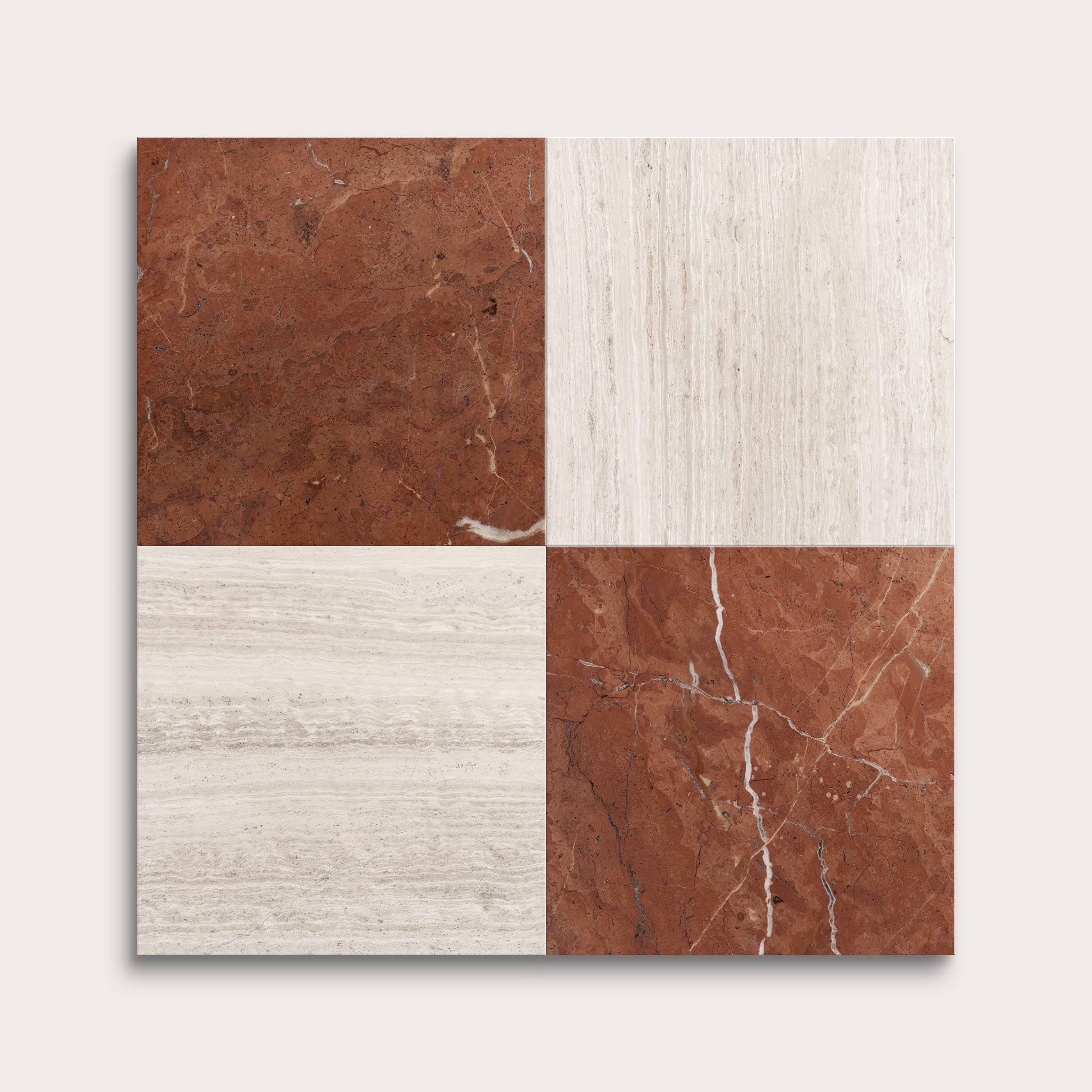 Four square tiles with different brown and beige patterns on a white background
