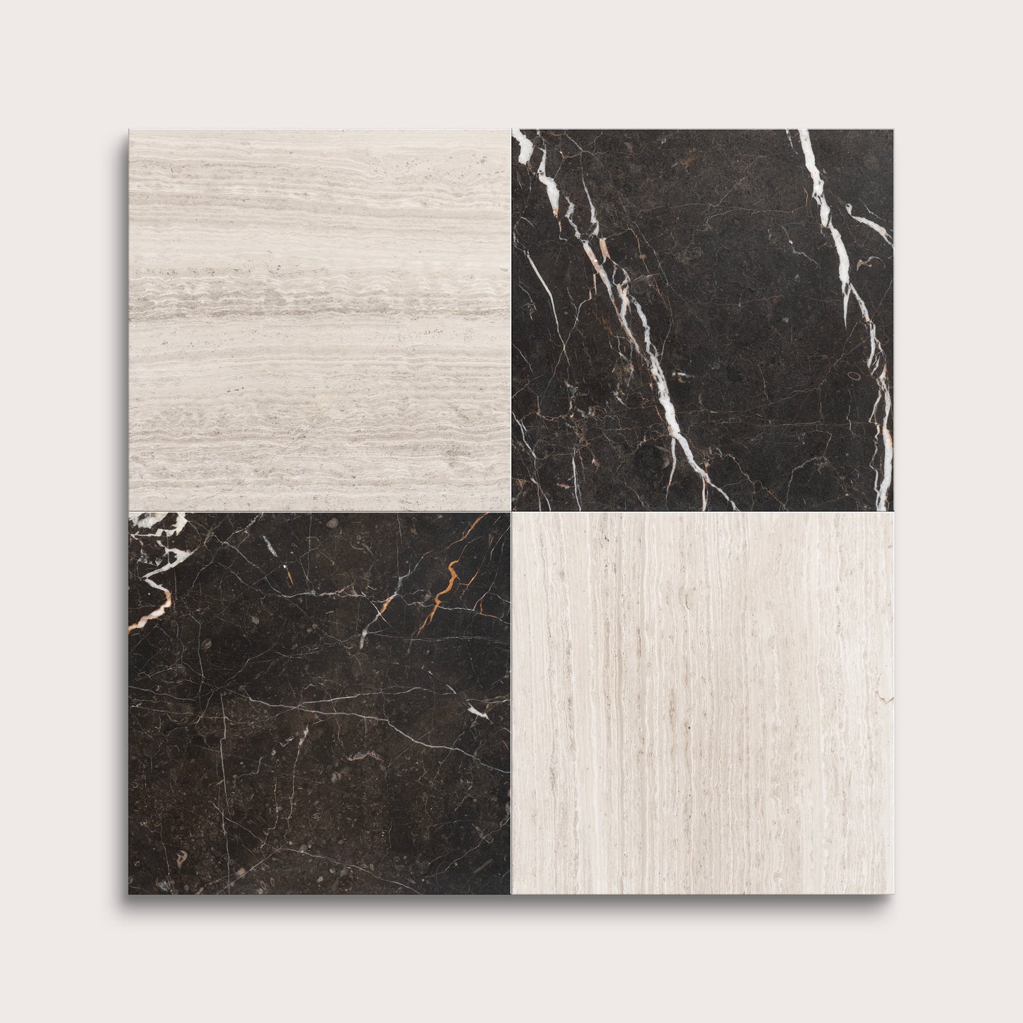 Four square tiles with different marble patterns on a white background