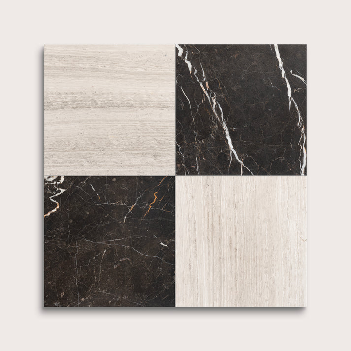 Four square tiles with different marble patterns on a white background