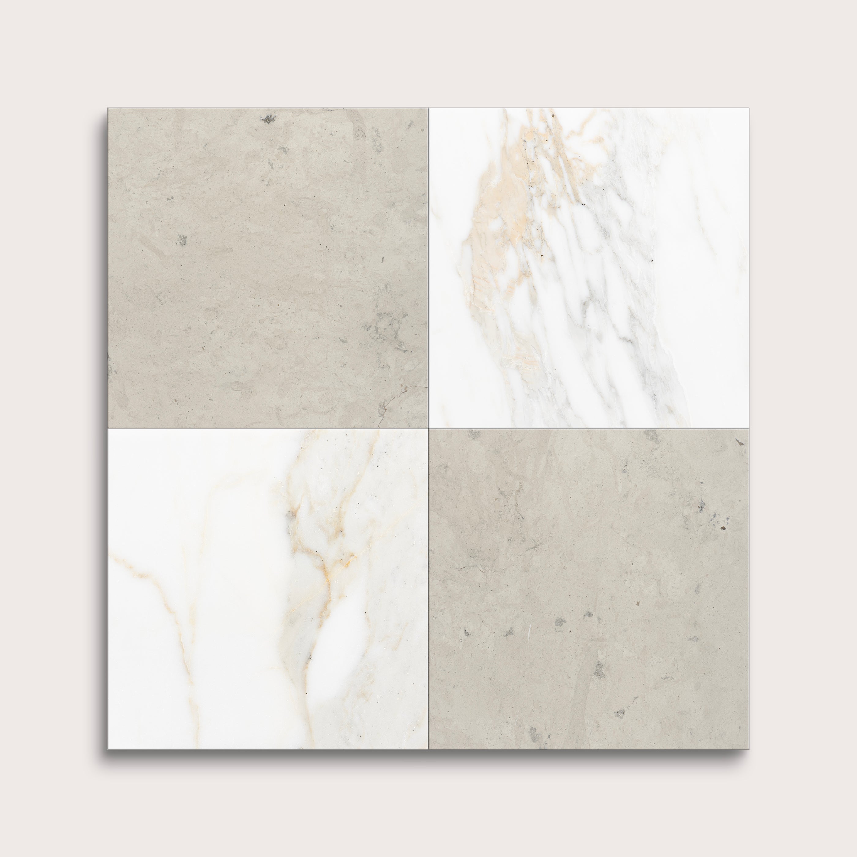 Four square tiles with different stone textures on a white background