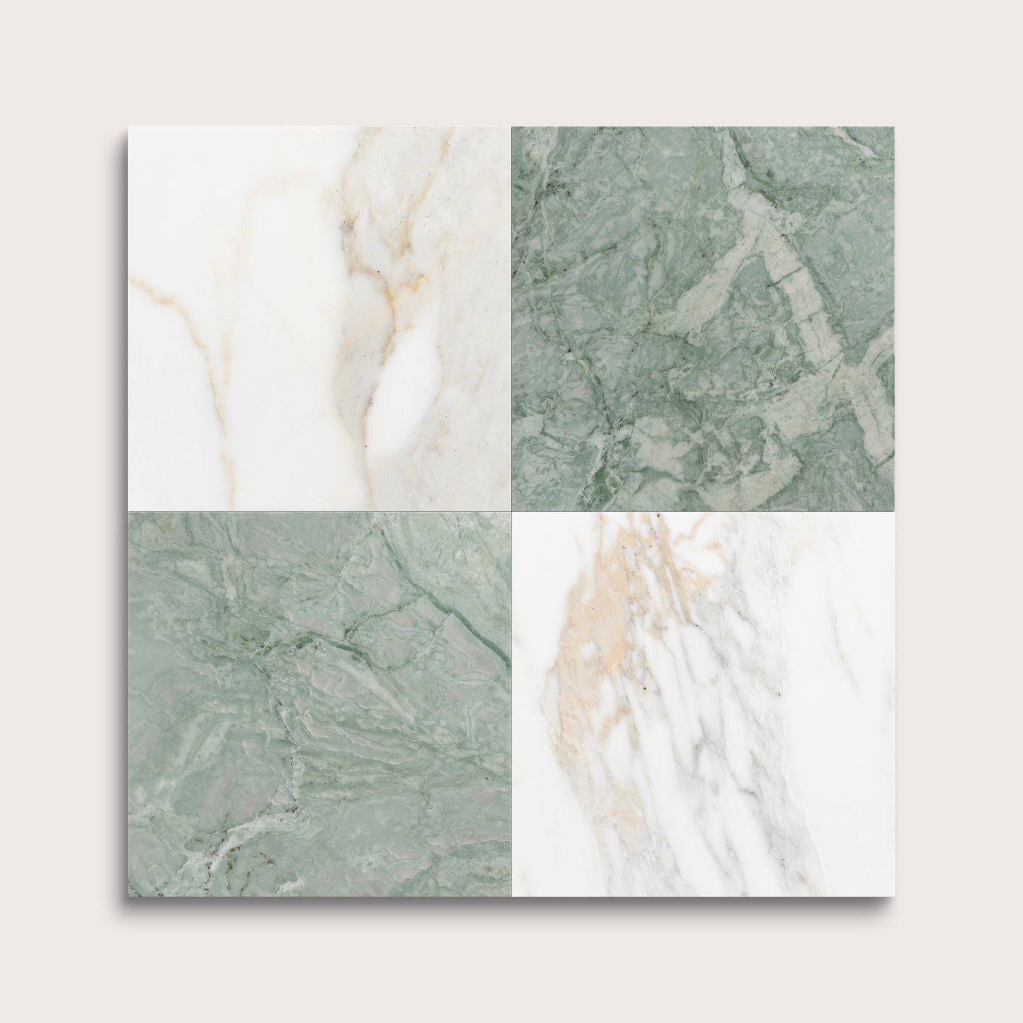 marble and limestone square tiles in checkerboard pattern on light grey background