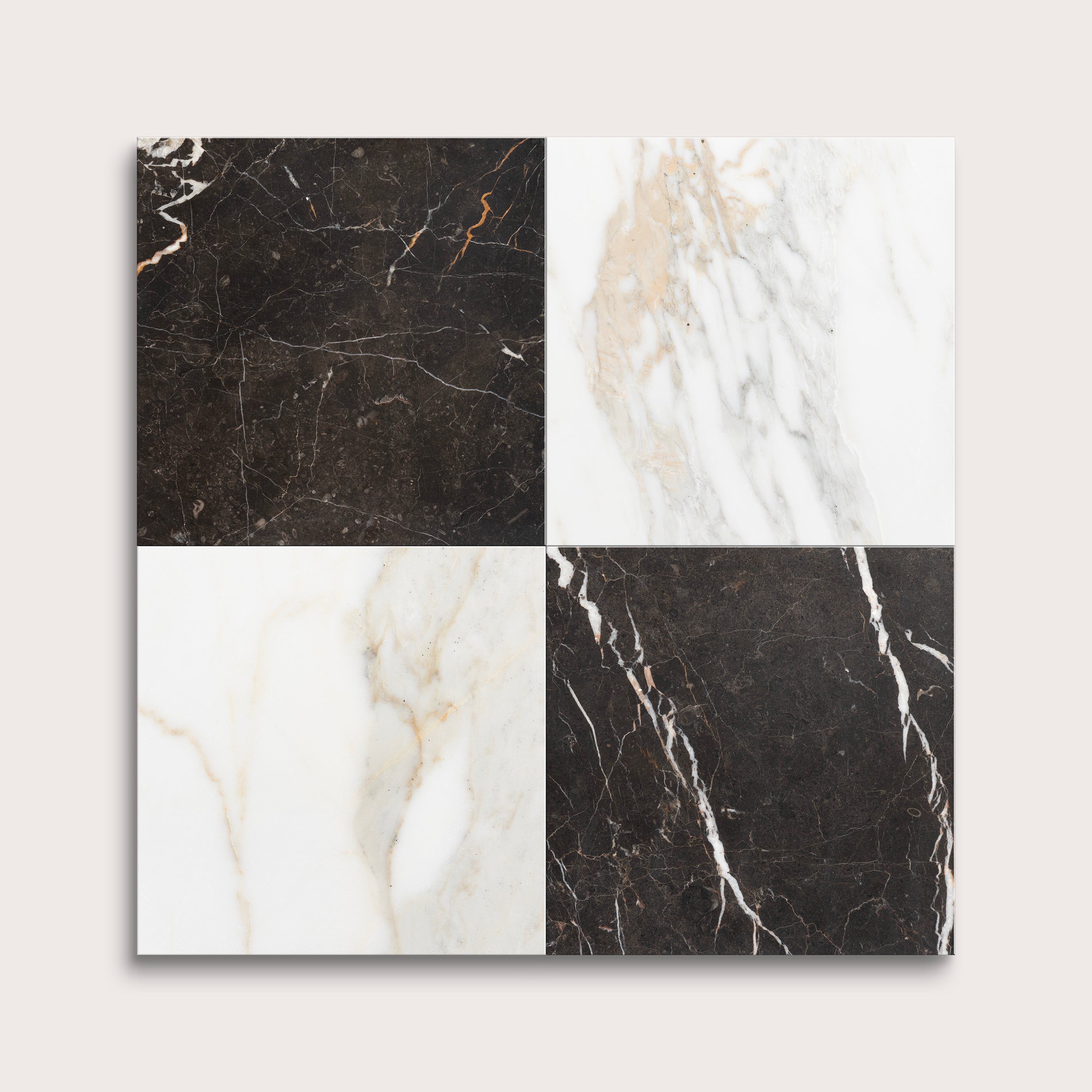 Four different marbled stone patterns arranged in a grid on a light gray background.