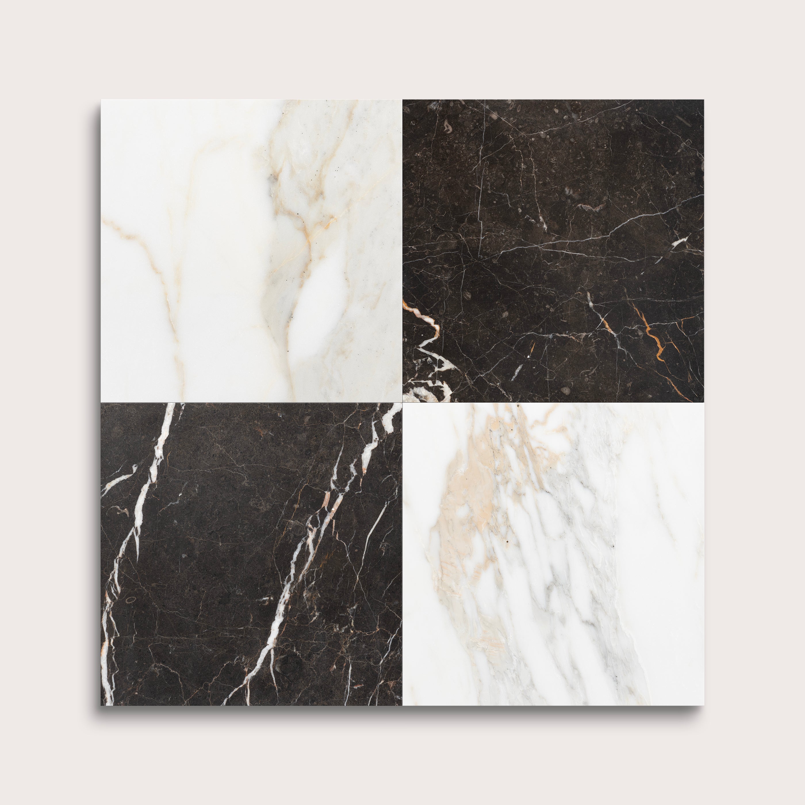 Four different marbled stone patterns arranged in a grid on a light gray background.