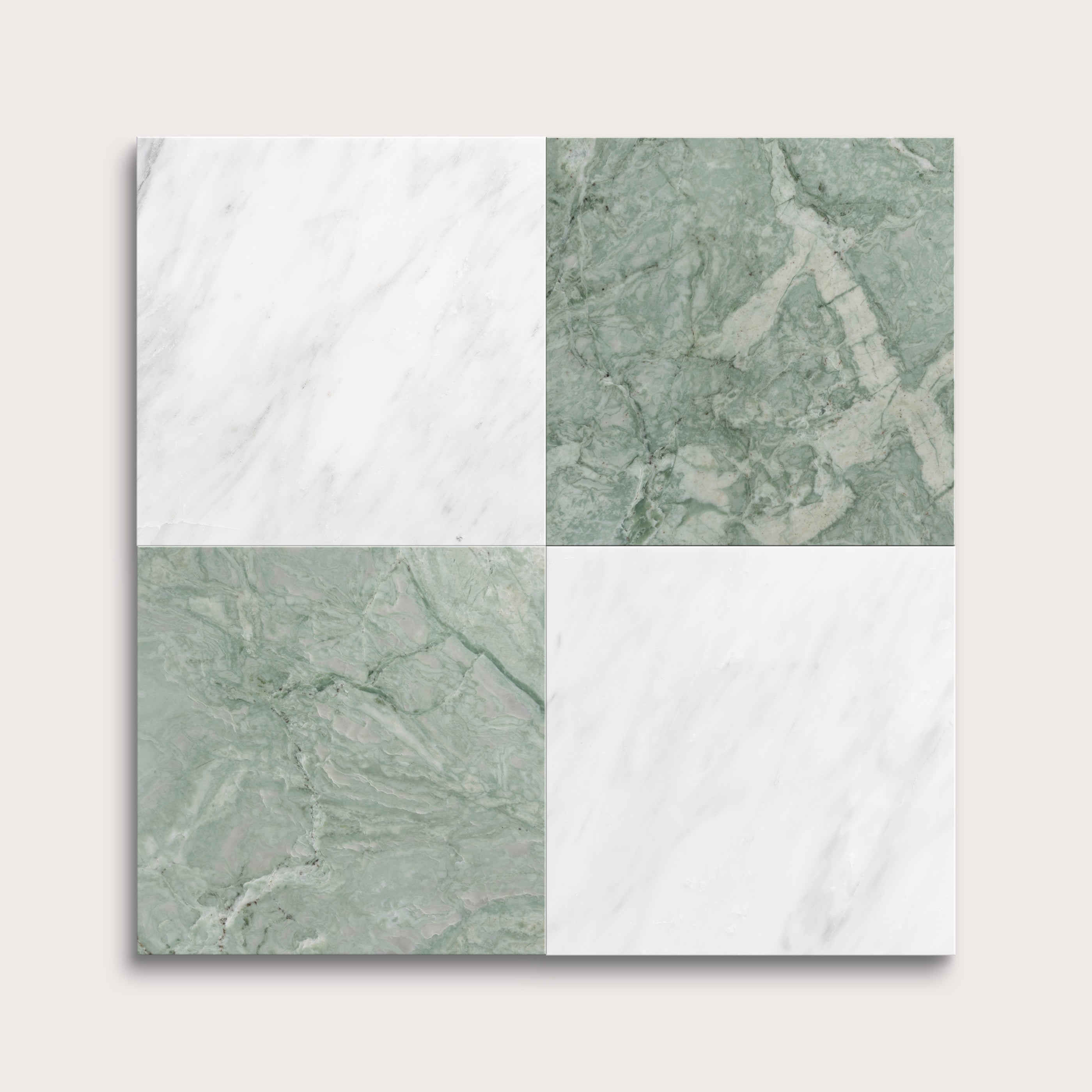 marble and limestone square tiles in checkerboard pattern on light grey background