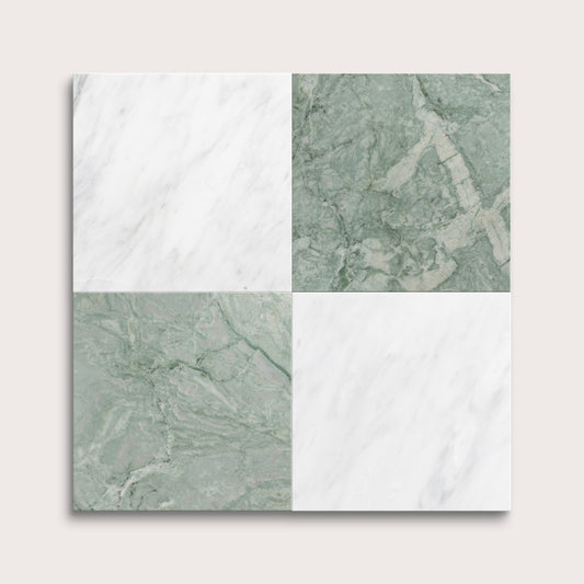 marble and limestone square tiles in checkerboard pattern on light grey background