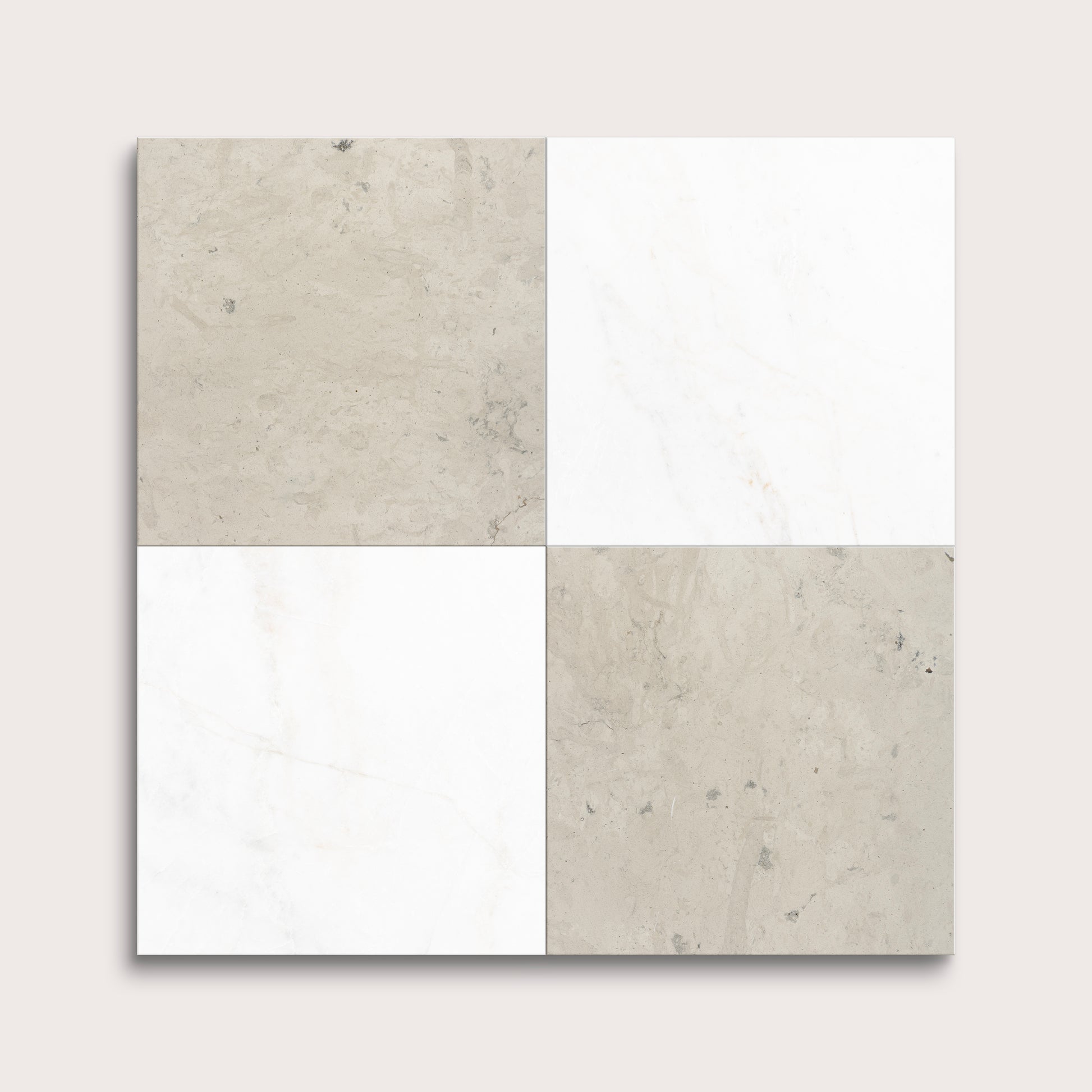 Four square tiles with beige and white patterns on a light gray background