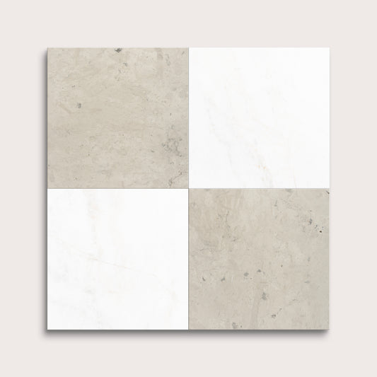 Four square tiles with beige and white patterns on a light gray background