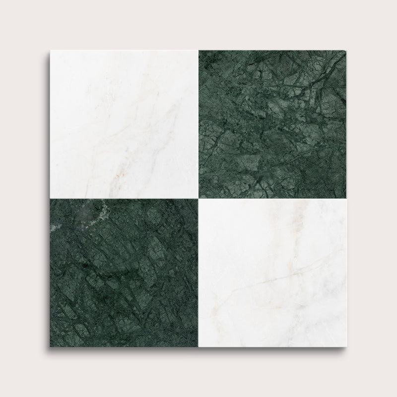 marble and limestone square tiles in checkerboard pattern on light grey background