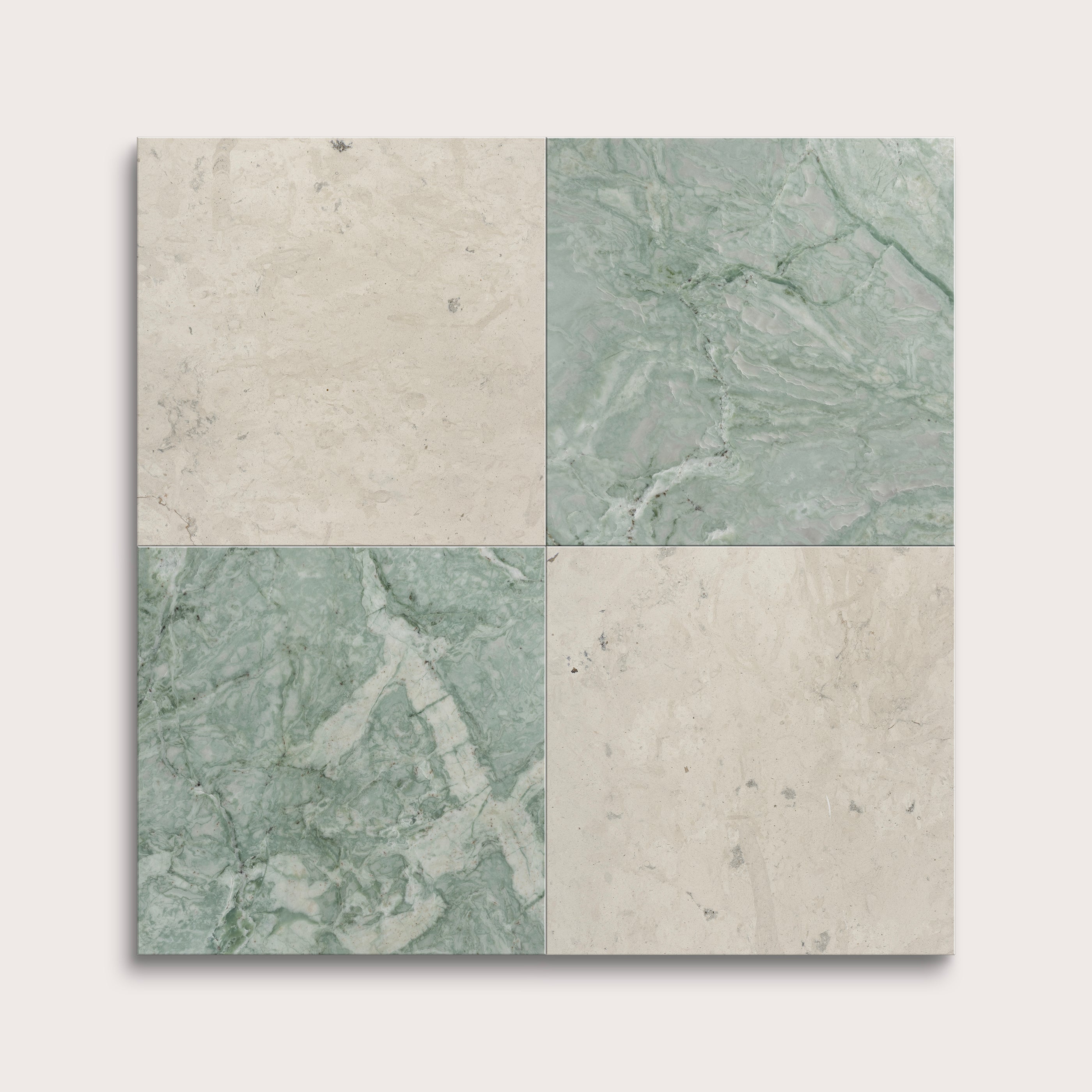 marble and limestone square tiles in checkerboard pattern on light grey background
