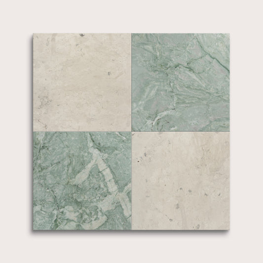 marble and limestone square tiles in checkerboard pattern on light grey background