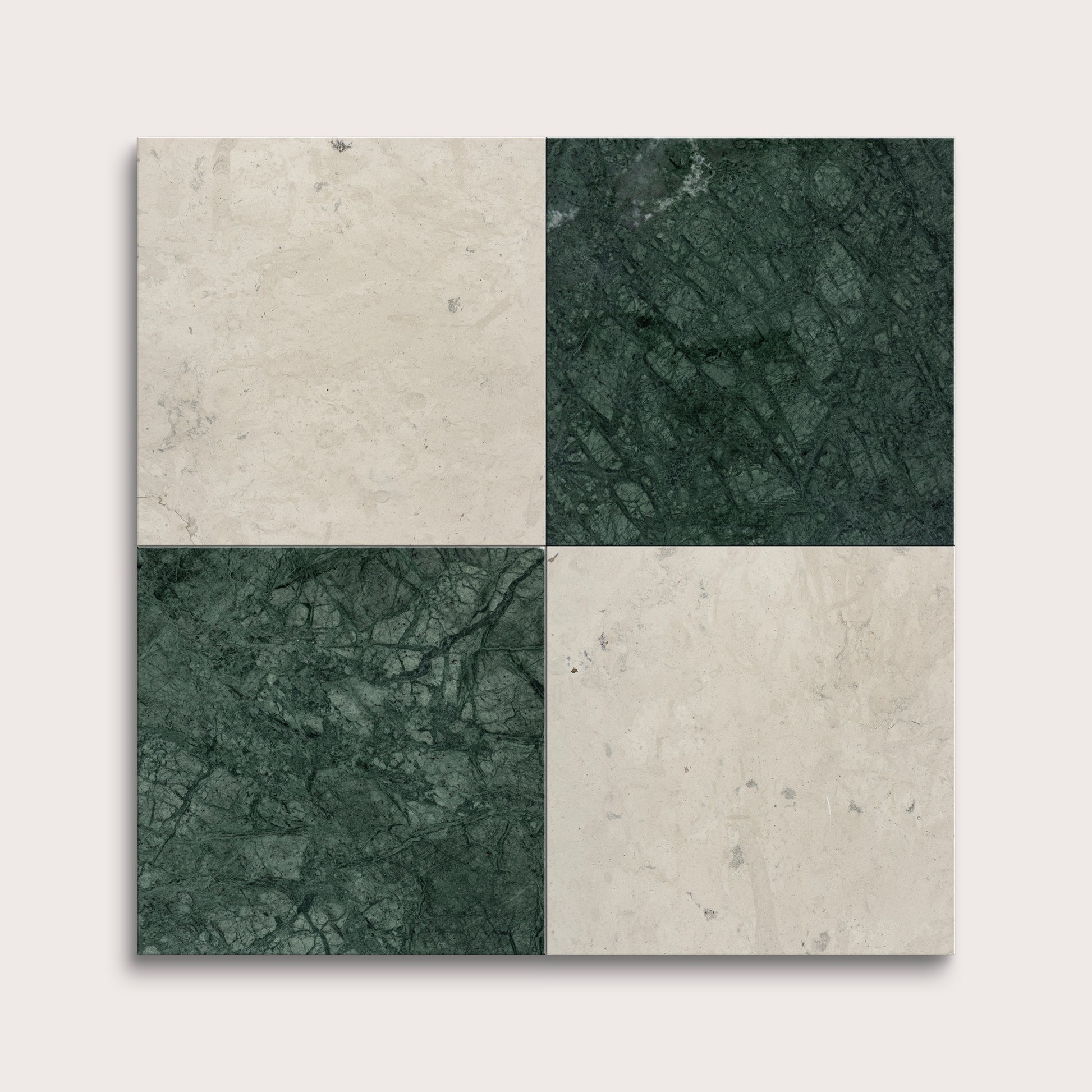 marble and limestone square tiles in checkerboard pattern on light grey background