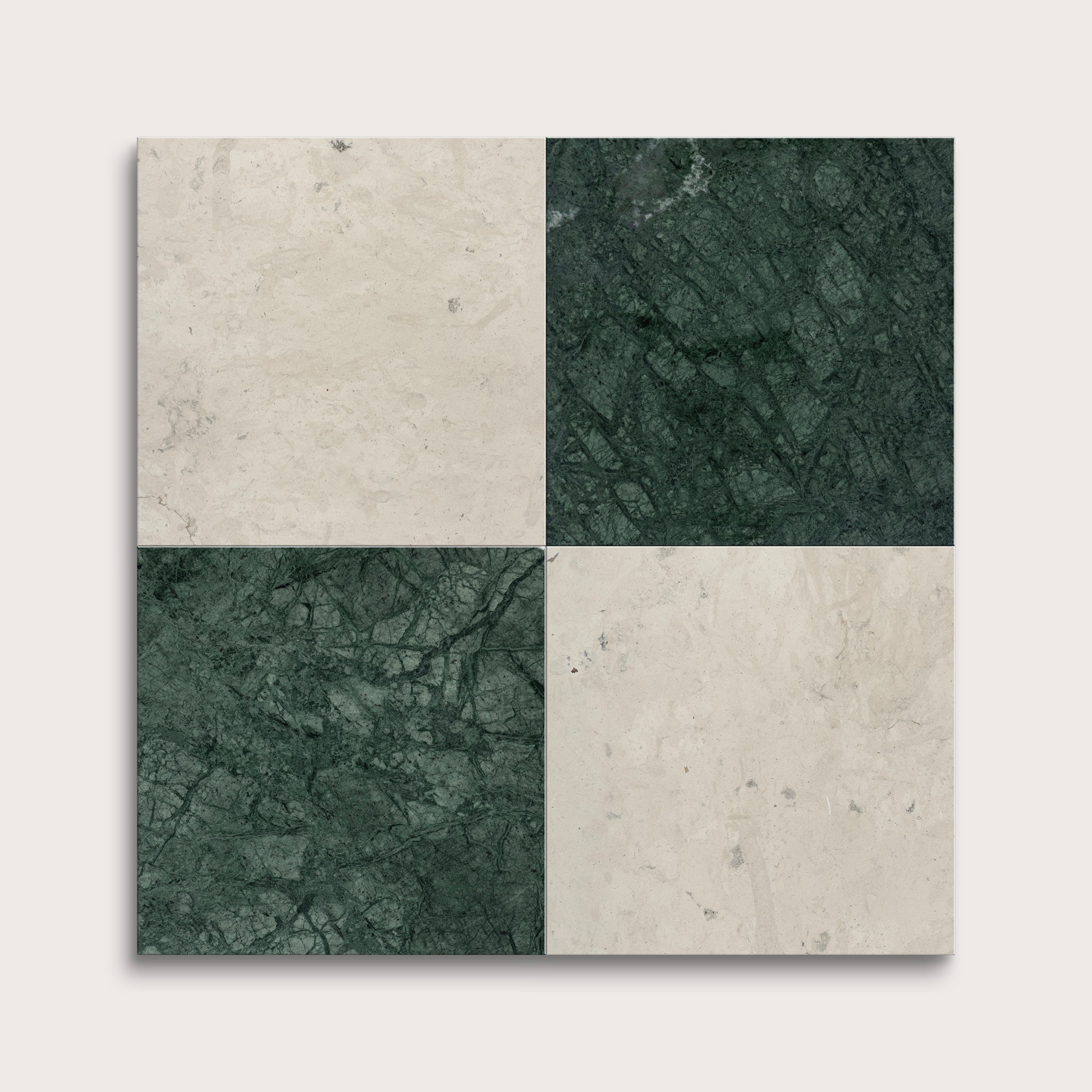 marble and limestone square tiles in checkerboard pattern on light grey background