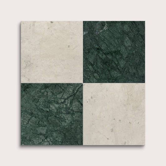 marble and limestone square tiles in checkerboard pattern on light grey background