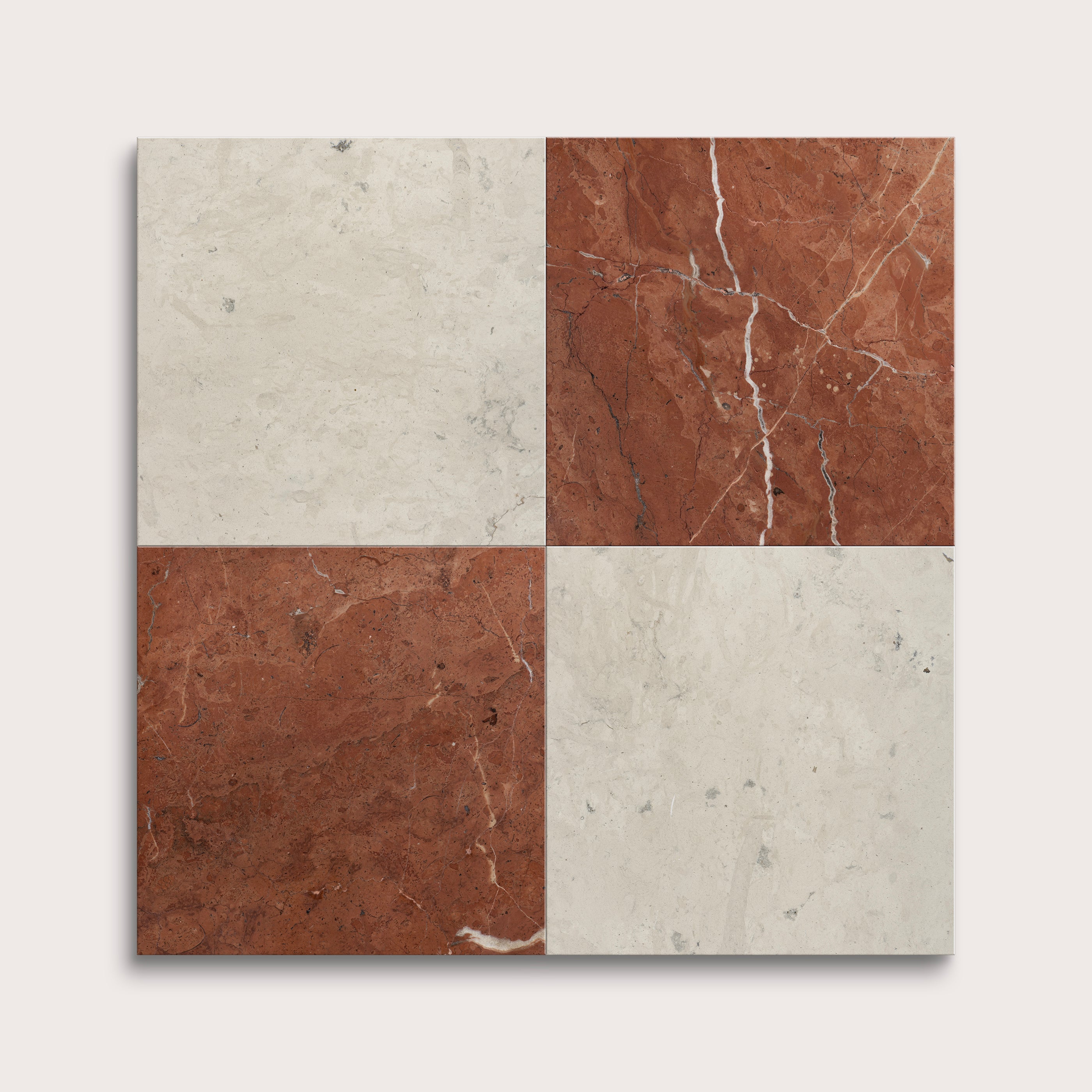 Four square tiles with different brown and beige patterns on a white background
