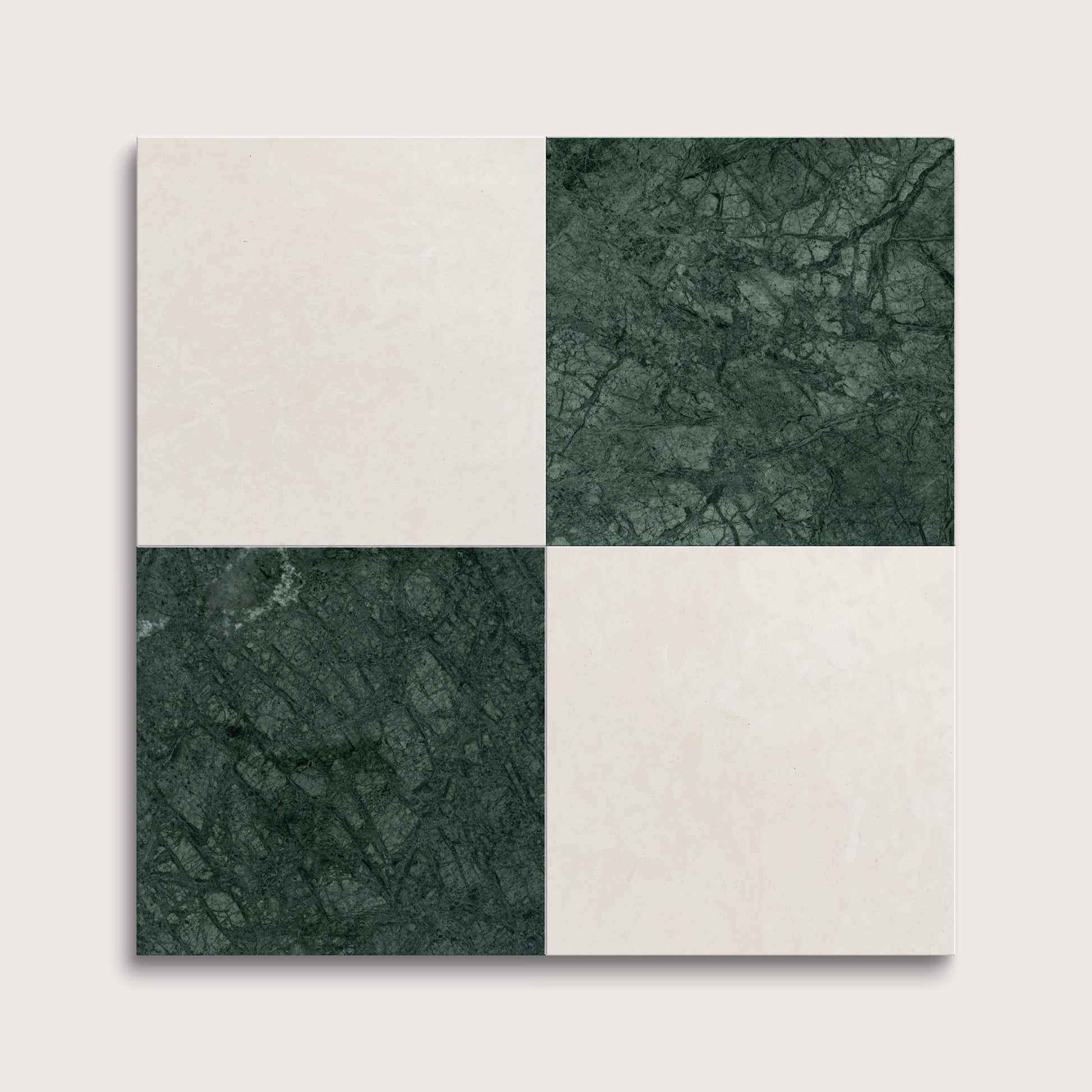 marble and limestone square tiles in checkerboard pattern on light grey background