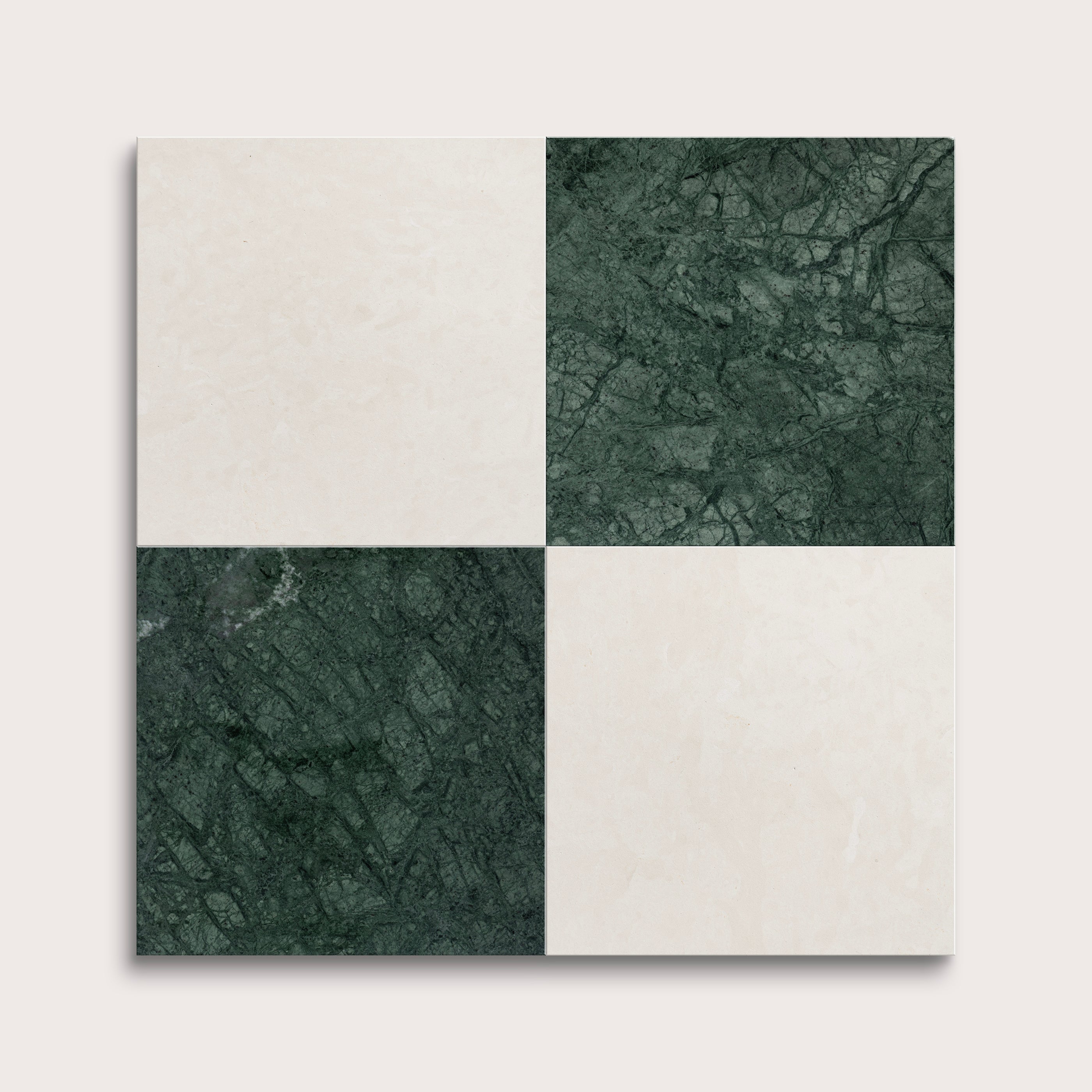 marble and limestone square tiles in checkerboard pattern on light grey background
