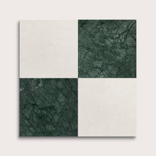 marble and limestone square tiles in checkerboard pattern on light grey background