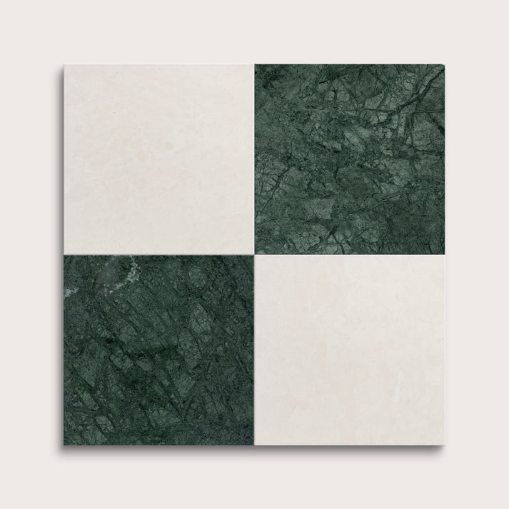 marble and limestone square tiles in checkerboard pattern on light grey background