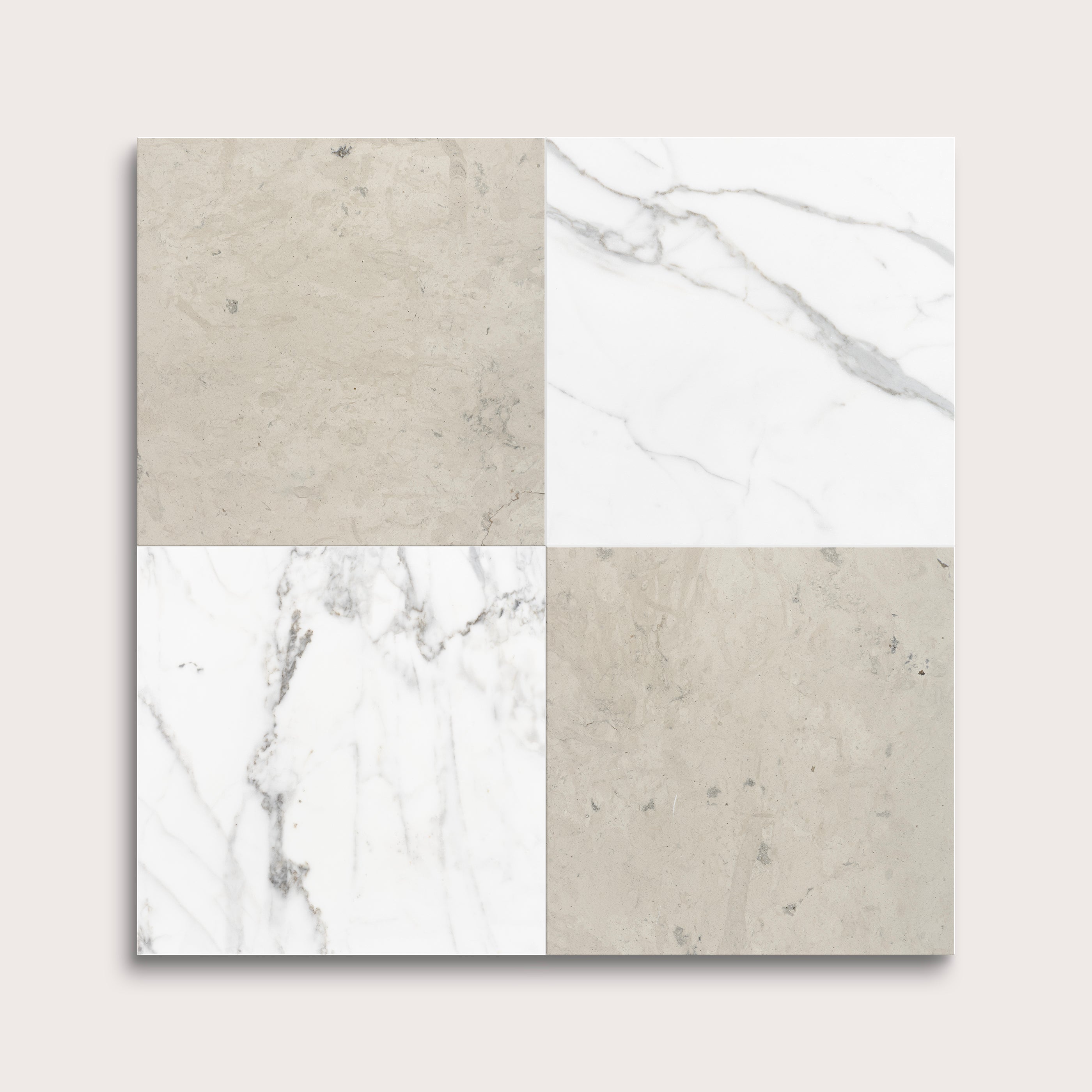 Four square tiles with marble and concrete patterns on a light gray background