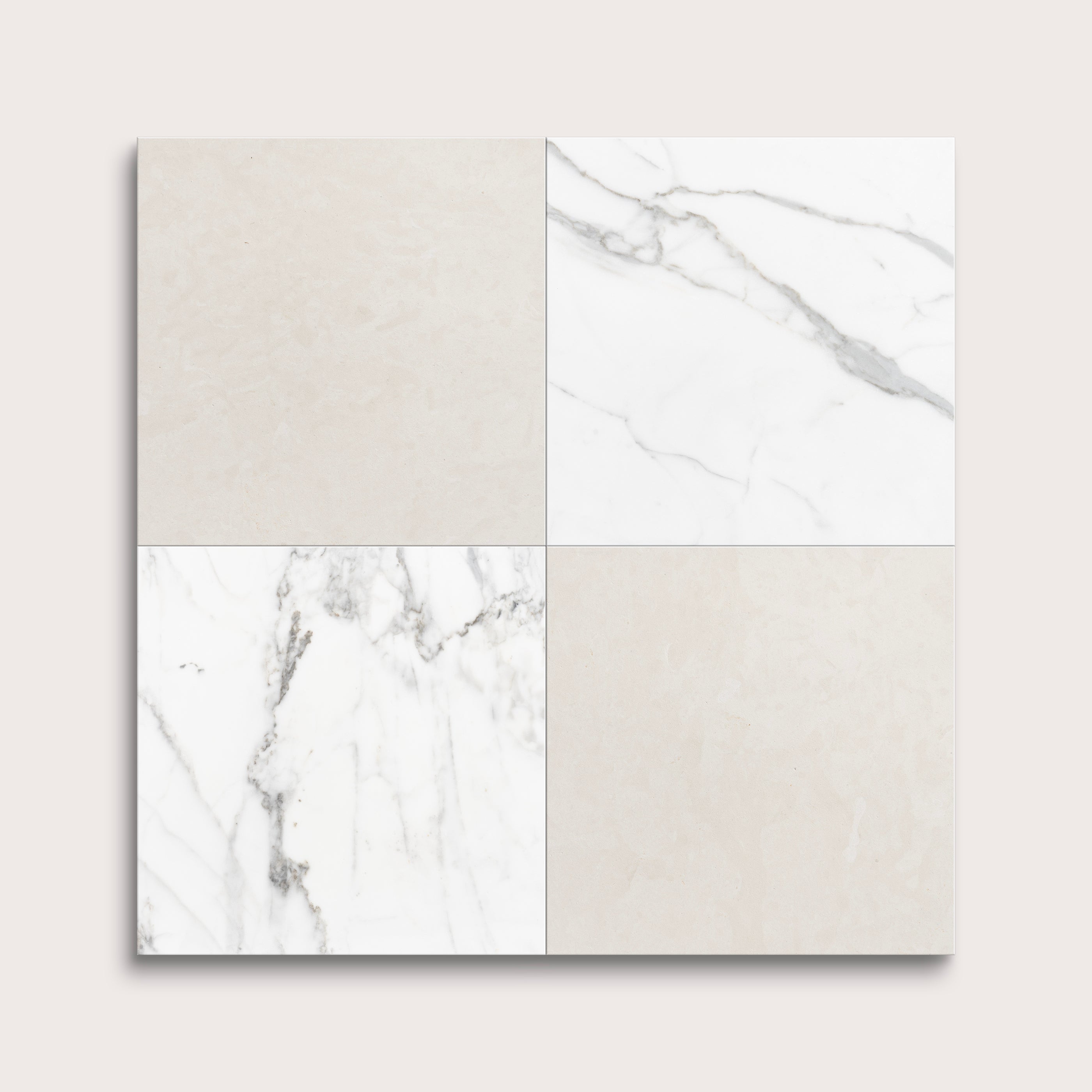 Four square tiles with marble and plain white designs on a light gray background